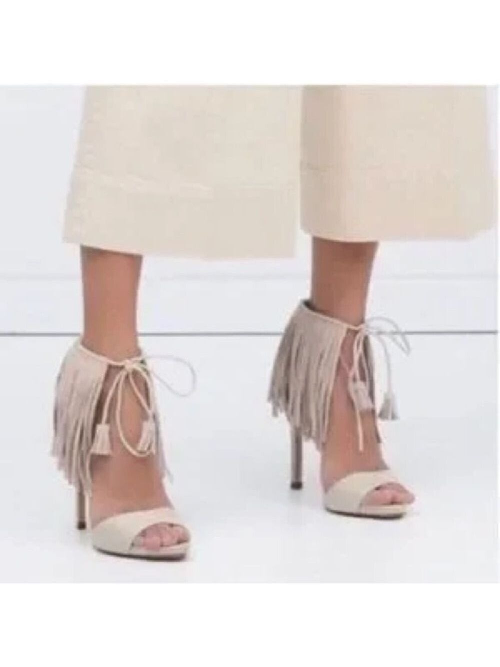 Zara Faux Suede Fringe Tassel Tie High Heel Sandals in Bone/Cream - Picture 3 of 15